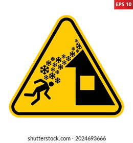 Roof Avalanche Sign. Vector Illustration Of Yellow Triangle Warning Sign With Snow Falling From Roof On Man. Caution Snow Covered Roof. Symbol Used During Winter. Risk Of Being Covered With Snow.