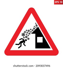 Roof Avalanche Sign. Vector Illustration Of Red Triangle Warning Sign With Snow Falling From Roof On Man. Risk Of Being Covered With Snow. Caution Snow Covered Roof. Symbol Used During Winter.