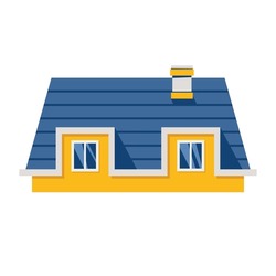 Roof. Blue Roof Of A House With Two Dormer Windows. Icon, Clipart For Website, Apps About Architecture, Design, Roof Tiles, Roof Covering. Vector Flat Illustration, Cartoon Style.