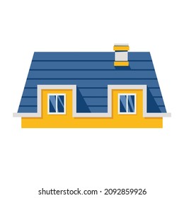 Roof. Blue Roof Of A House With Two Dormer Windows. Icon, Clipart For Website, Apps About Architecture, Design, Roof Tiles, Roof Covering. Vector Flat Illustration, Cartoon Style.