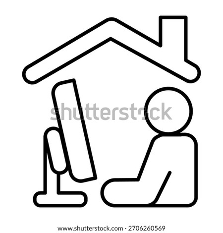 Roof with chimney, user at monoblock screen thin line icon, remote work concept, workspace vector sign on white background, outline style icon for mobile concept and web design. Vector graphics
