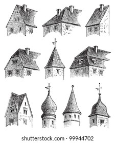 Roof collection from different houses / vintage illustration from Meyers Konversations-Lexikon 1897