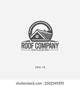 Roof Company Logo. The logo features a stylized depiction of a house roof with a chimney and a bird perched on it, enclosed within a circular frame.