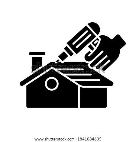 Roof constructing black glyph icon. Rooftop construction. Outdoors renovation. Roofing nailer. Exterior renovation. Pneumatic stapler. Silhouette symbol on white space. Vector isolated illustration