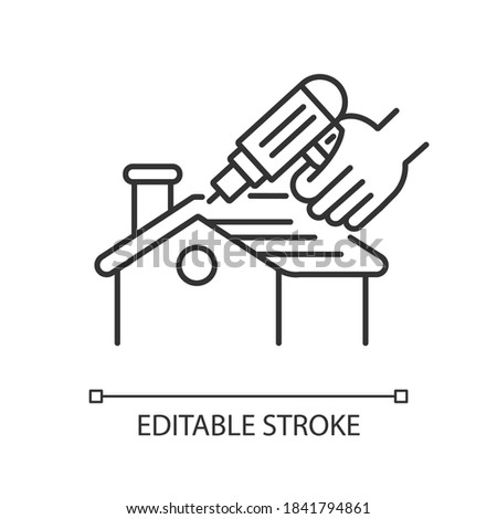 Roof constructing linear icon. Rooftop construction. Outdoors renovation. Pneumatic stapler. Thin line customizable illustration. Contour symbol. Vector isolated outline drawing. Editable stroke