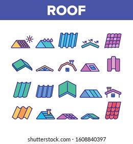 Roof Construction Collection Icons Set Vector Thin Line. Sun Solar Battery On House Roof, Metallic And Tile Roofing Material On Building Top Concept Linear Pictograms. Color Illustrations