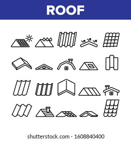 Roof Construction Collection Icons Set Vector Thin Line. Sun Solar Battery On House Roof, Metallic And Tile Roofing Material On Building Top Concept Linear Pictograms. Monochrome Contour Illustrations