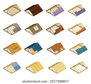 Roof Construction and Insulation Work Isometric Vector Set