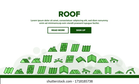 Roof Construction Landing Web Page Header Banner Template Vector. Sun Solar Battery On House Roof, Metallic And Tile Roofing Material On Building Top Illustration