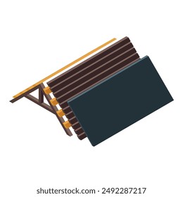 Roof construction showing different layers including wooden beams, insulation, rafters and waterproofing membrane