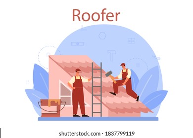 Trabajador de construcción de techos. Arreglo de edificios y renovación de viviendas. Tapa de techo que se aplica con equipo de mano de obra. Tejidos con herramientas de trabajo. Ilustración vectorial plana aislada