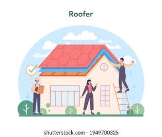 Roof construction worker. Building fixing and house renovation.