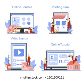 Roof construction worker online service or platform set. Building fixing and house renovation. Rooftop tile applying. Online courses, tutorial, website, video lesson. Isolated flat vector illustration