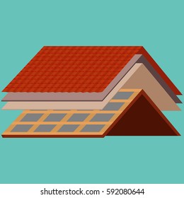 roof construction worker repair home, build structure fixing rooftop tile house with labor equipment, roofer men with work tools in hands outdoors renovation residential vector illustration