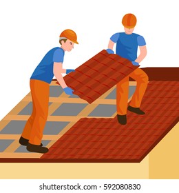 roof construction worker repair home, build structure fixing rooftop tile house with labor equipment, roofer men with work tools in hands outdoors renovation residential vector illustration