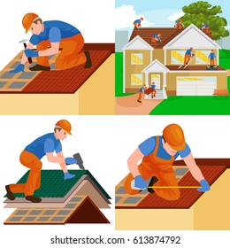 Roof Construction Worker Repair Home, Build Structure Fixing Rooftop Tile House With Labor Equipment, Roofer Men With Work Tools In Hands Outdoors Renovation Residential Vector Illustration