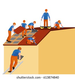 roof construction worker repair home, build structure fixing rooftop tile house with labor equipment, roofer men with work tools in hands outdoors renovation residential vector illustration