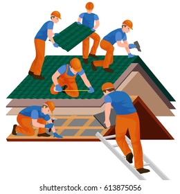 roof construction worker repair home, build structure fixing rooftop tile house with labor equipment, roofer men with work tools in hands outdoors renovation residential vector illustration