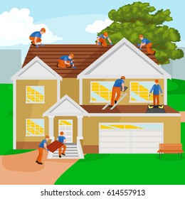 roof construction worker repair home, build structure fixing rooftop tile house with labor equipment, roofer men with work tools in hands outdoors renovation residential vector illustration