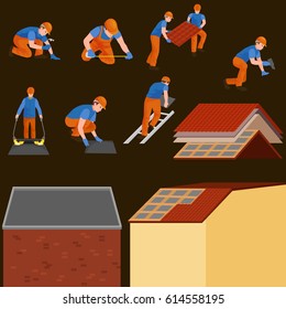 roof construction worker repair home, build structure fixing rooftop tile house with labor equipment, roofer men with work tools in hands outdoors renovation residential vector illustration