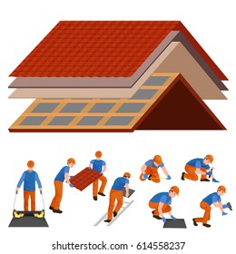 roof construction worker repair home, build structure fixing rooftop tile house with labor equipment, roofer men with work tools in hands outdoors renovation residential vector illustration