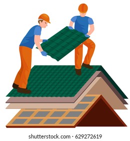 roof construction worker repair home, build structure fixing rooftop tile house with labor equipment, roofer men with work tools in hands outdoors renovation residential vector illustration