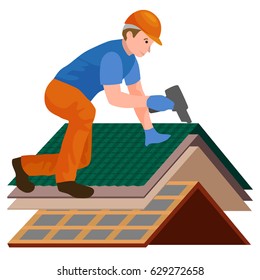 roof construction worker repair home, build structure fixing rooftop tile house with labor equipment, roofer men with work tools in hands outdoors renovation residential vector illustration