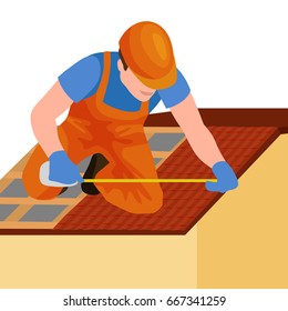 roof construction worker repair home, build structure fixing rooftop tile house with labor equipment, roofer men with work tools in hands outdoors renovation residential vector illustration