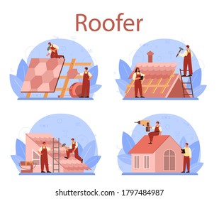 Roof construction worker set. Building fixing and house renovation. Rooftop tile applying with labor equipment. Roofer men with work tools. Isolated flat vector illustration