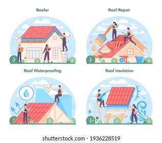 Roof construction worker set. Building fixing and house renovation.