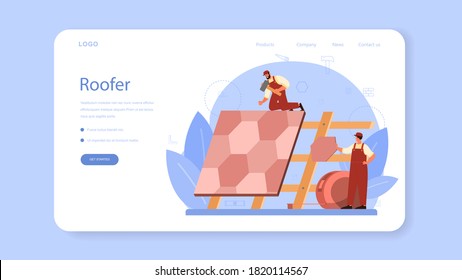Roof construction worker web banner or landing page. Building fixing and house renovation. Rooftop tile applying with labor equipment. Roofer men with work tools. Isolated flat vector illustration