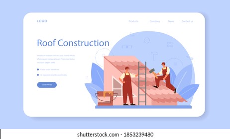 Roof construction worker web banner or landing page. Building fixing and house renovation. Rooftop tile applying with labor equipment. Roofer men with work tools. Isolated flat vector illustration