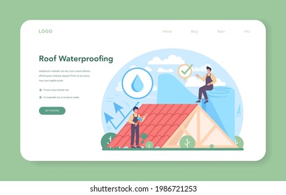 Roof construction worker web banner or landing page. Building fixing and house renovation. Rooftop tile applying with labor equipment. Roofer men with work tools. Isolated flat vector illustration