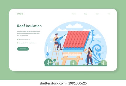 Roof construction worker web banner or landing page. Building fixing and house renovation. Rooftop tile applying with labor equipment. Roofer men with work tools. Isolated flat vector illustration