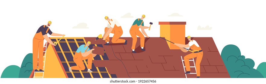 Roof Construction Workers Characters Conduct Roofing Works, Repair Home, Build Structure, Fixing Rooftop Tile House With Labor Equipment, Roofer Men With Work Tools. Cartoon People Vector Illustration