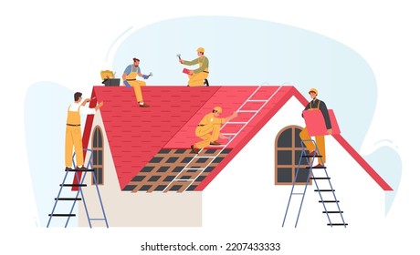 Roof Construction Workers Characters Conduct Roofing Works. Roofer Men with Work Tools Repair Home, Build Structure, Fixing Rooftop Tile House with Labor Equipment. Cartoon People Vector Illustration