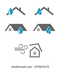 Roof damage leacky rain drop icon. Wind broke rooftop symbol isolated on white background.