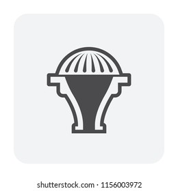 Roof drain dome icon in cross section view consist of bowl, strainer or guard cover, extension pipe for install in drainage system to drain rain water or rainwater from gutter, flat roof deck, rooftop