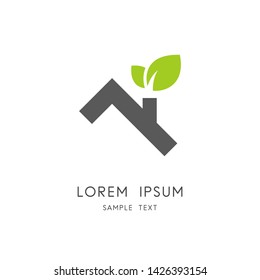 Roof eco logo - house or home with chimney and green leaves symbol. Ecology and environment vector icon.