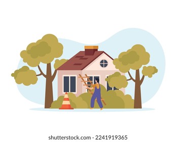 Composición de fondo plano del techo con vista de la casa más allá de los árboles con ilustración vectorial de la escalera de cono y trabajador