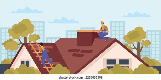 Roof flat composition with cityscape scenery and two workers climbing on house roof with ladder instruments vector illustration