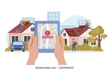 Roof flat composition with front view of hands holding tablet cityscape background and workers fixing roofs vector illustration