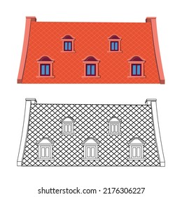 Roof. Front view, private country house. Flat style. Types of roof tiles, for attic of house, different colors, textures. Vector illustration. Coloring book.