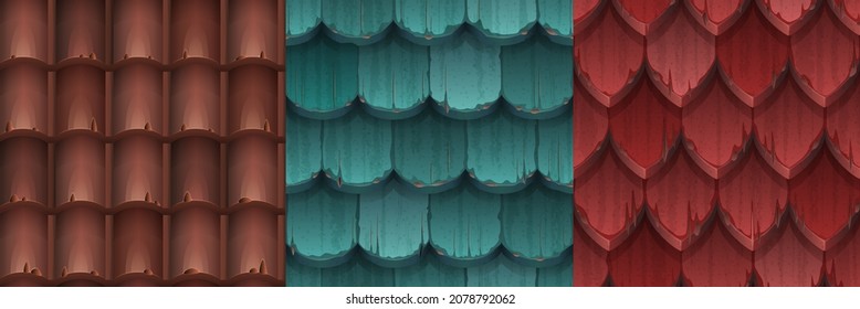 Roof game texture wooden or terracotta tiles cartoon 3d seamless pattern. House roofing materials, textured overlap of blue, red and brown colors. Dwelling exterior design elements Vector illustration