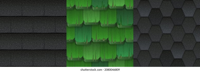 Roof game textures green wooden tiles, grey asphalt and shingle overlap cartoon 3d seamless pattern. House roofing materials, textured construction exterior design elements, Vector illustration