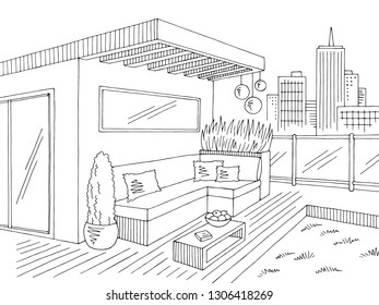 Roof garden graphic black white city landscape sketch illustration vector