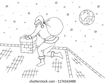 Roof graphic black white sketch illustration vector. Santa Claus climbs into the chimney