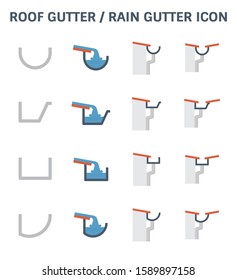 Roof gutter or rain gutter and drainage system icon set design.