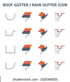 Roof gutter or rain gutter and drainage system icon set design.