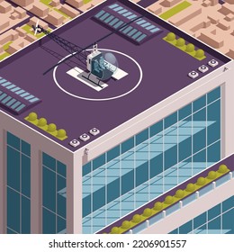 Roof heliport isometric concept with helicopter landed on building rooftop vector illustration